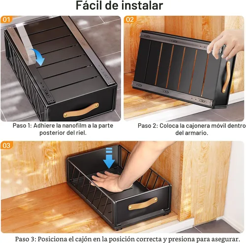 Vista 7 de Organizador de gabinete extraíble fijado con película adhesiva Nano, estantes de despensa deslizantes de alta resistencia, cajón de almacenamiento