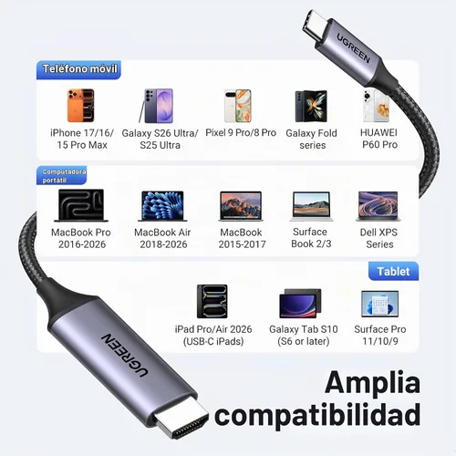 Vista 8 de UGREEN Cable USB C a HDMI (4K @60Hz) de 3.3 pies, adaptador tipo C a HDMI, Thunderbolt 4/3 a HDMI para oficina en casa, compatible con iPhone 17 Pro