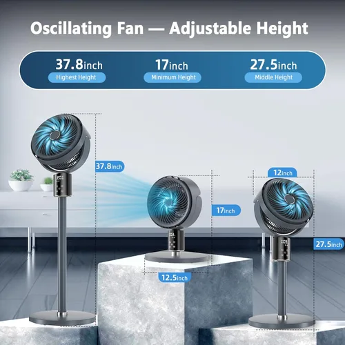 Vista 3 de Ventilador de pie oscilante CirculAir de 100ft para dormitorio, ventilador de pedestal de pie silencioso con altura ajustable de 17"-37.8", motor