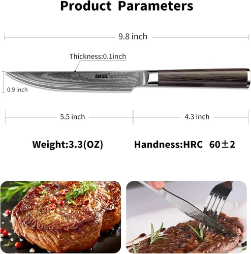 Vista 2 de Juego de 6 cuchillos para carne, acero Damasco japonés sin dentar VG10 Acero japonés VG10 Damasco, borde recto no dentado, paquete de 6, 61HRC