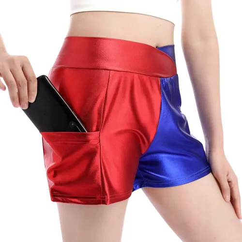 Vista 2 de ODASDO Pantalones cortos metálicos para mujer, cintura alta, pantalones con bolsillos, disfraz de Halloween, baile, fiesta, club