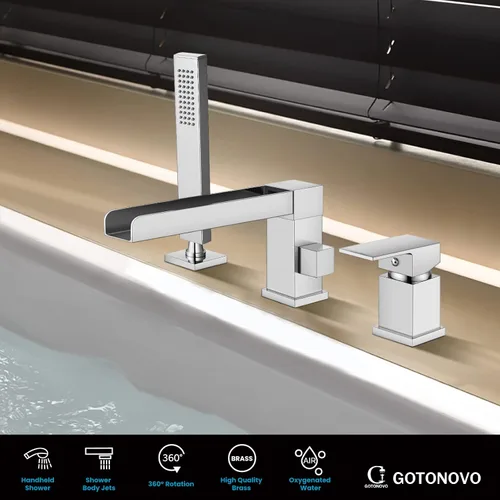 Vista 8 de gotonovo Grifo de bañera romano con ducha de mano, 3 agujeros, montaje en cubierta, juego de grifo de bañera de una sola manija generalizado