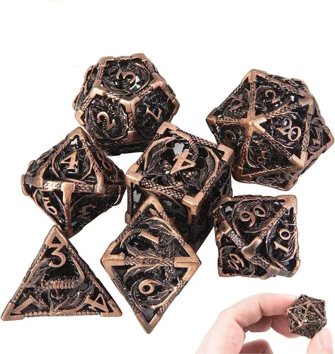 Vista 18 de Dados DND, dados de metal huecos D&D, juego de dados de mazmorras y dragones con caja de regalo, 7 piezas de juegos de dados poliédricos steampunk