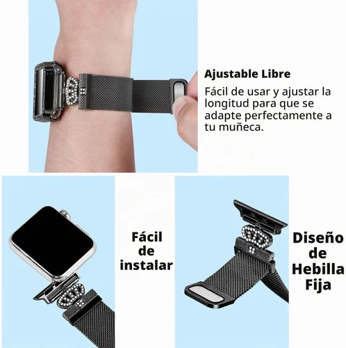 Vista 6 de Correa magnética compatible con Apple Watch 38mm 40mm 41mm 42mm 44mm 45mm 46mm, correa de metal de acero inoxidable con funda brillante y protector