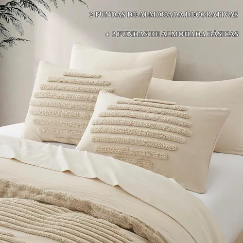 Vista 4 de BEDAZZLED - Funda de edredón tamaño Queen, color beige, 5 piezas, microfibra Textured Duvet Cover Sets, Soft and Breathable, Boho Tufted Bedding