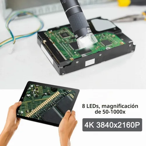 Vista 4 de Jiusion Microscopio de mano digital USB WiFi con funda, endoscopio de aumento inalámbrico de 50 a 1000x, cámara 4K 3840x2160P, 8 LED con soporte