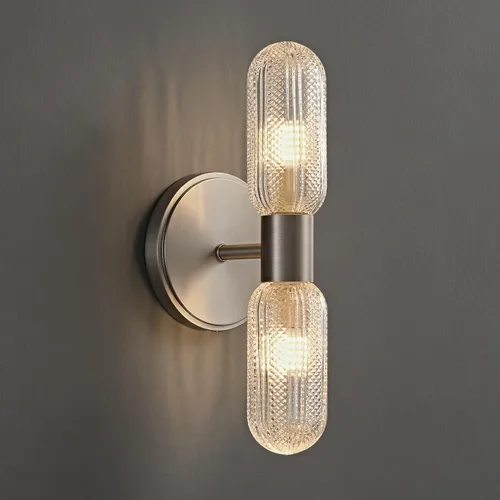 Vista 9 de Aplique de pared de latón cepillado, doble cristal moleteado, bombilla incluida 12.3in 2-Light Hardwired Wall Light,Perfect for Bathroom Living
