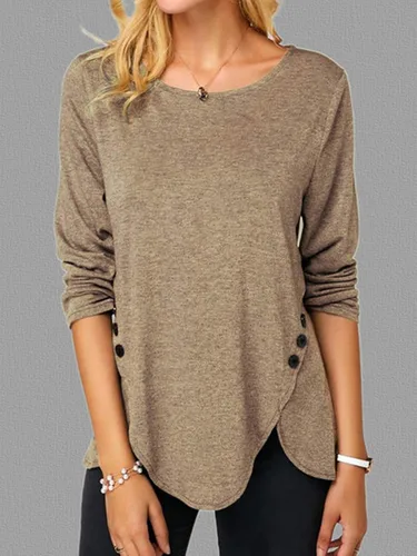 Vista 2 de Blusas casuales de manga larga para mujer, con cuello redondo, botones laterales, blusas.