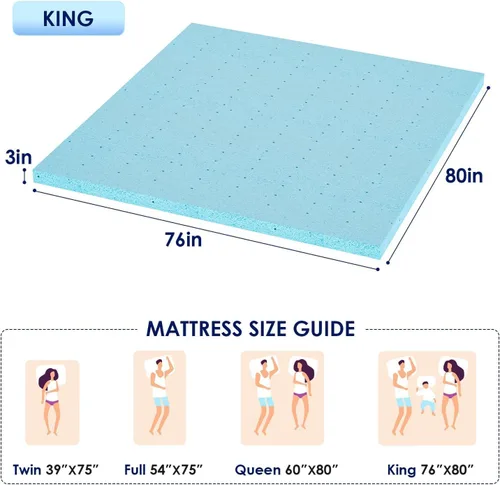 Vista 8 de BLKMTY Cubrecolchón King de 3 pulgadas, cubrecolchón de espuma viscoelástica ventilada con infusión de gel refrescante, colchón suave y transpirable