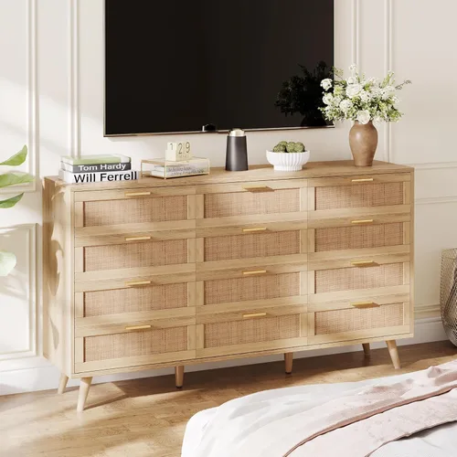 Vista 3 de Rovaurx Cómoda doble de 12 cajones para dormitorio, cómoda de ratán, cómoda de madera moderna con asas doradas, mesa auxiliar para armario, sala