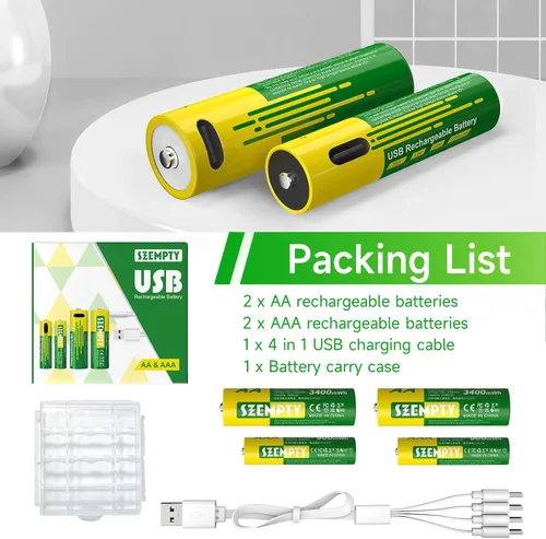 Vista 7 de Paquete combinado de baterías recargables AA y AAA, 1.5 V USB-C de litio doble A 3400 mWh y triple A de 900 mWh con cable 4 en 1 de carga rápida