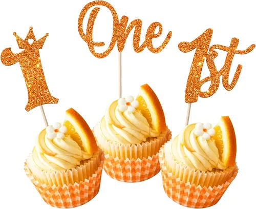 Vista 11 de Paquete de 24 adornos para cupcakes de un cumpleaños, con purpurina para el primer cumpleaños, coronas, decoraciones de pastel feliz para el primer