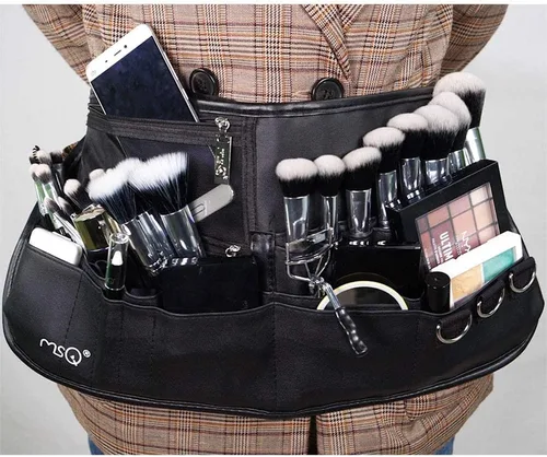 Vista 2 de MSQ Bolsa de brochas de maquillaje con cinturón, paquete de delantal plegable con múltiples bolsillos, organizador para brochas de cosméticos