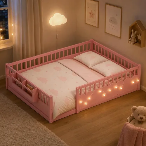 Vista 9 de Cama Montessori de tamaño matrimonial con barandillas, color gris