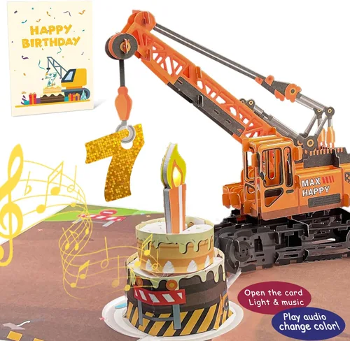 Vista 9 de Tarjeta de Felicitación 3D Desplegable de 1er Cumpleaños con Luz y Música, Tarjeta de Grúa y Camión Para Niño, Sobrino, Nieto, Hijo, Pequeño
