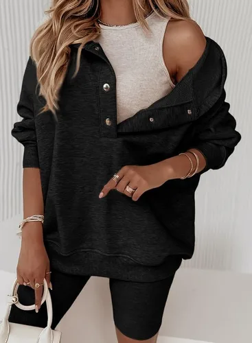 Vista 2 de SHEWIN Sudaderas con capucha para mujer, casual, de gran tamaño, con botones, cuello en V, manga larga, sudadera con capucha