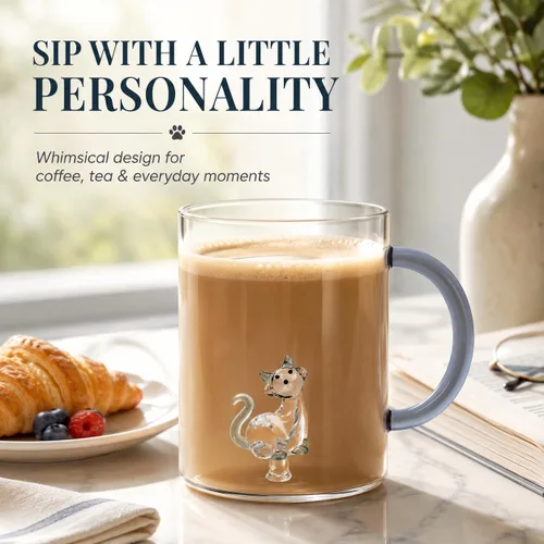 Vista 2 de WD Lifestyle Taza de vidrio de borosilicato de 14.2 onzas líquidas (gato)