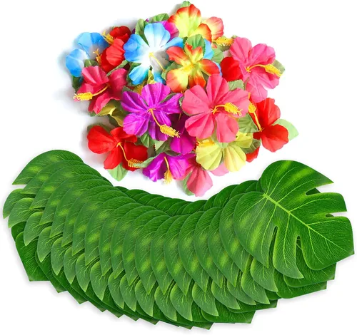 Vista 12 de 126 piezas de suministros para decoraciones de fiesta Luau, hojas de palma tropicales, flores de hibisco, hojas artificiales simuladas para fiestas