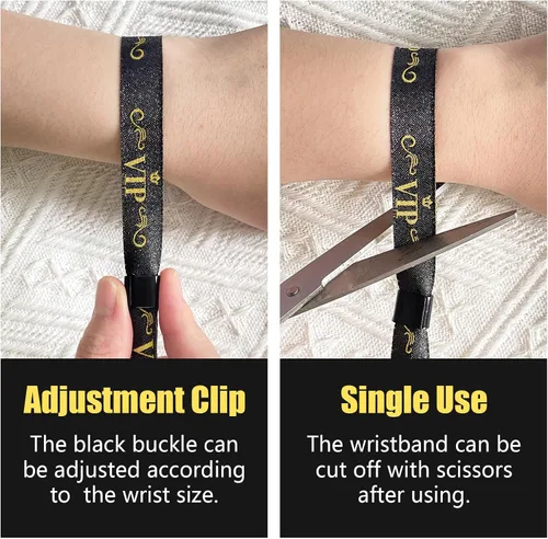 Vista 4 de 100 piezas de pulseras VIP de tela para eventos, pulseras VIP desechables para eventos, pulseras VIP de colores para eventos, para conciertos Negro
