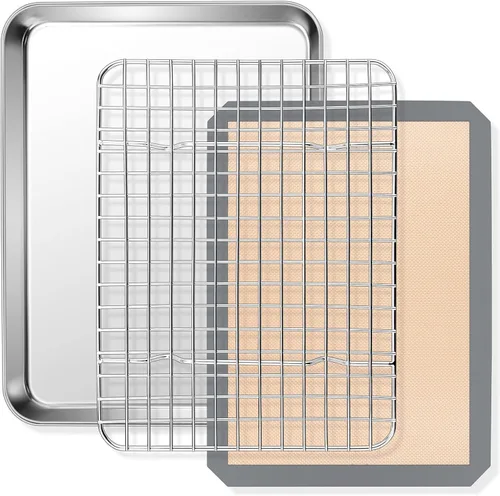 Vista 11 de E-far - Juego de bandejas para hornear para horno tostador, bandeja pequeña de acero inoxidable de 10.5 x 8.3 pulgadas con rejilla de alambre