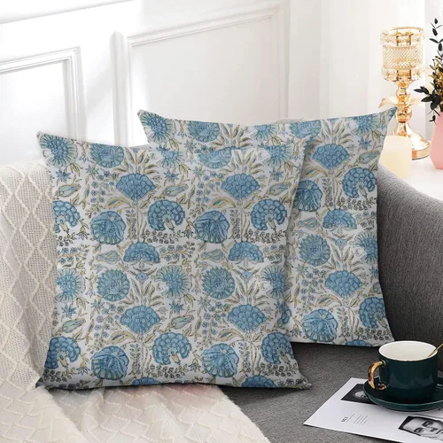Vista 2 de Juego de 2 fundas de almohada florales bohemias de 16 x 16 pulgadas, fundas de almohada de lino con estampado de bloques azules estilo campestre
