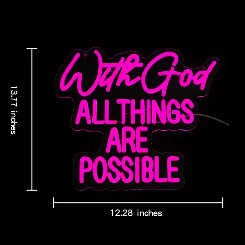 Vista 3 de Letrero de neón con texto en inglés "With God All Things Are Possible" para decoración de pared, letrero de neón LED rosa, luz de neón regulable