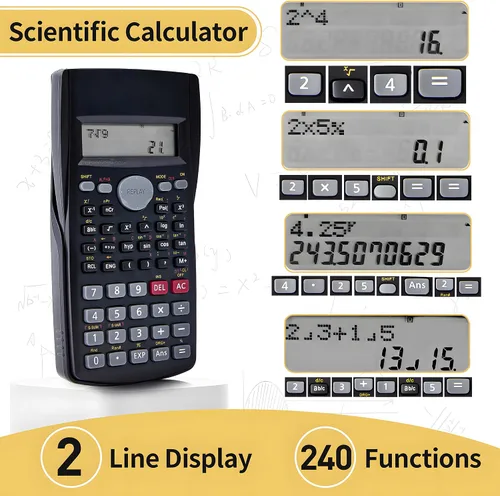 Vista 3 de Calculadora científica, paquete de 2, pantalla transparente de 2 líneas, 240 funciones, calculadora básica AAA funciona con pilas para fracción