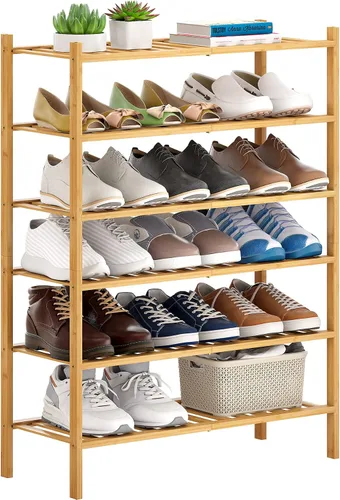 Vista 18 de Zapatero de bambú apilable para zapatos, organizador de almacenamiento para unidad, entrada, pasillo y armario, estante resistente independiente