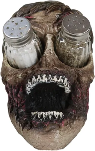 Vista 4 de Ebros Walking Undead Gory - Juego de figuras de cabeza de zombi sin ojos y salero y pimentero con pompones de cristal, estatua decorativa de miedo
