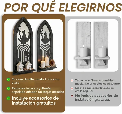 Vista 5 de ZEXUIRU Juego de 2 candelabros rústicos para sala de estar, dormitorio, entrada, espejo de madera, granja, marco tallado para montaje en pared