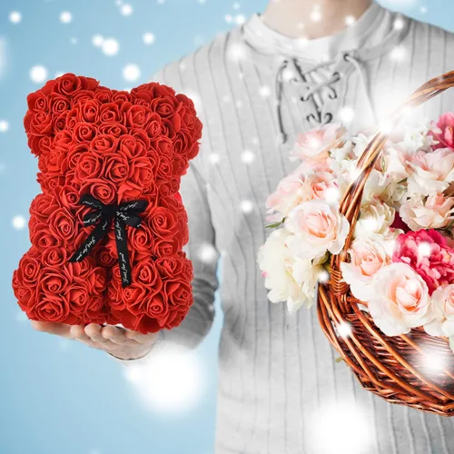 Vista 2 de oso de peluche hecho de rosas, diseño de rosas en cada oso, perfecto para aniversario, incluye caja de regalo transparente 10 pulgadas.