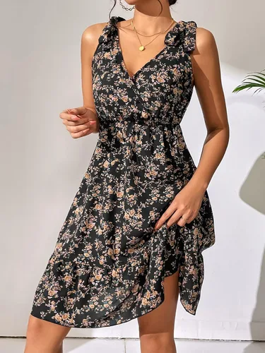 Vista 4 de SweatyRocks Vestidos de mujer con cuello en V y estampado floral, con lazo en los hombros, estilo bohemio, con volantes, acampanados