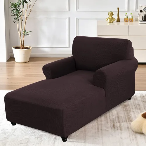 Vista 2 de Funda ajustada para sofá chaise lounge - Doble brazo, funda elástica - Protector de muebles lavable (Marrón, cuadros pequeños)