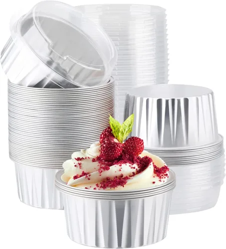 Vista 25 de EUSOAR Tazas de aluminio para hornear, paquete de 30 tazas de 5 onzas para cupcakes con tapas, moldes de pastel de 4.2 fl oz, flanes de postres