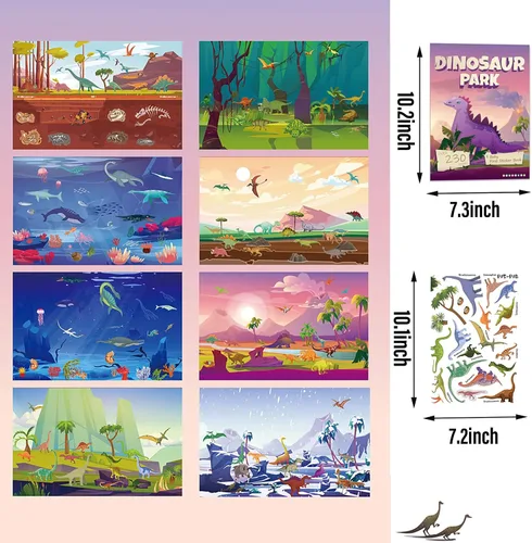 Vista 3 de Libro de calcomanías de dinosaurios para niños, más de 230 calcomanías y 8 escenas, parque de dinosaurios, libro de actividades lado a lado