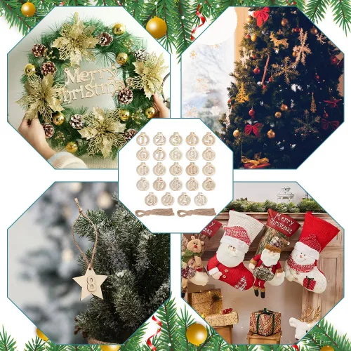 Vista 6 de NBEADS 96 piezas de números de madera para Navidad, 1-24 calendario de Adviento de cuenta regresiva de Navidad, colgantes de números de madera