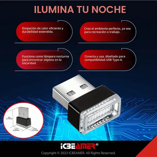 Vista 4 de ICBEAMER Interfaz USB luz nocturna miniatura 1 paquete (azul) LED universal enchufable para interior del coche y atmósfera ambiental del maletero