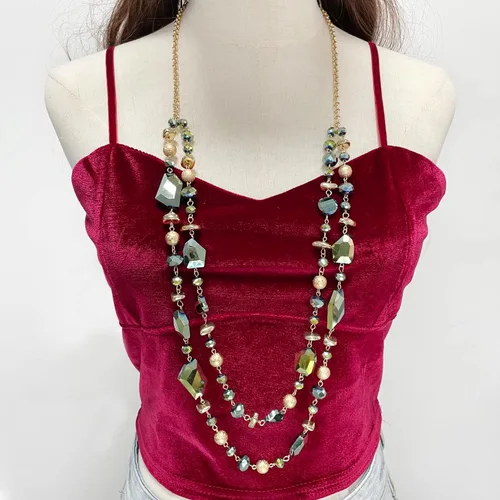 Vista 2 de Bocar Collar largo de 2 capas con cuentas de cristal, joyería de moda para mujer, Vidrio