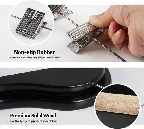 Vista 3 de HOUÍSM - Perchas de madera con clips, perchas resistentes para pantalones y faldas, perchas de madera maciza para pantalones, jeans, ropa