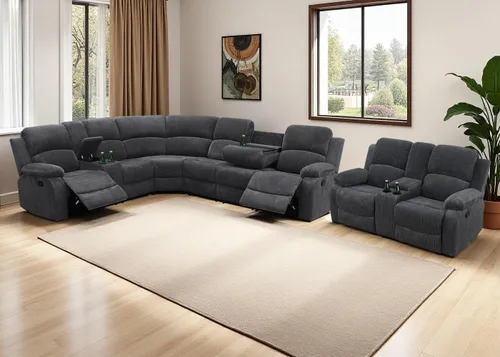 Vista 9 de Juego de sofá seccional reclinable manual, juegos de muebles de sala de estar, sofá seccional en forma de L y 2 sillas, cómodo sofá reclinable