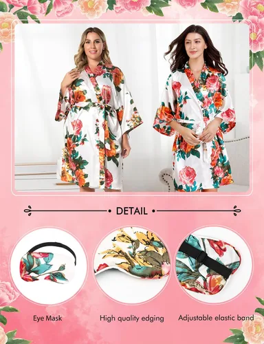 Vista 2 de EPLAZA Bata de satén sedoso floral para mujer, para boda, fiesta, novia, dama de honor, kimono, ropa de descanso, vestidos de vestir