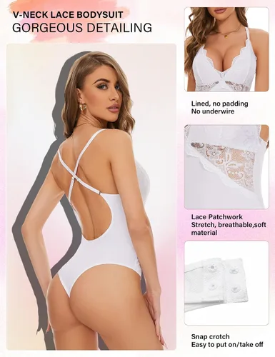 Vista 3 de Quzzion Lace Bodysuit Women Tummy Control V Neck Tank Tops Backless Shapewear Thongs One Piece Sexy Lingerie