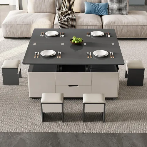 Vista 10 de Guyii - Mesa auxiliar elevable con 4 taburetes y ruedas, mesa central 3 en 1 con almacenamiento, mesa auxiliar marrón convertida en mesa de comedor