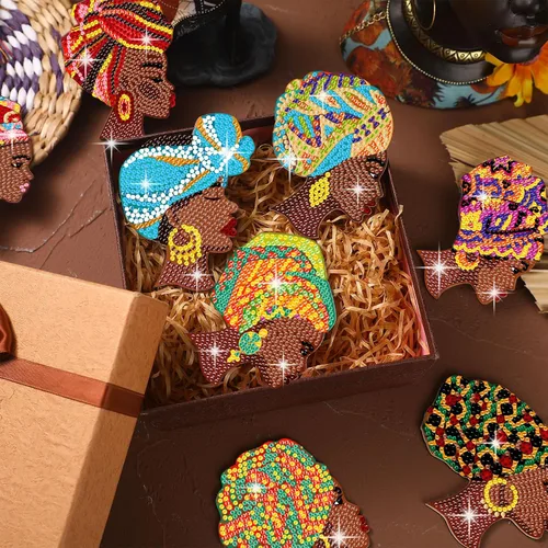 Vista 6 de 8 posavasos de pintura de diamantes afroamericanos con soporte para mujeres negras, kits de arte de diamantes para adultos, principiantes