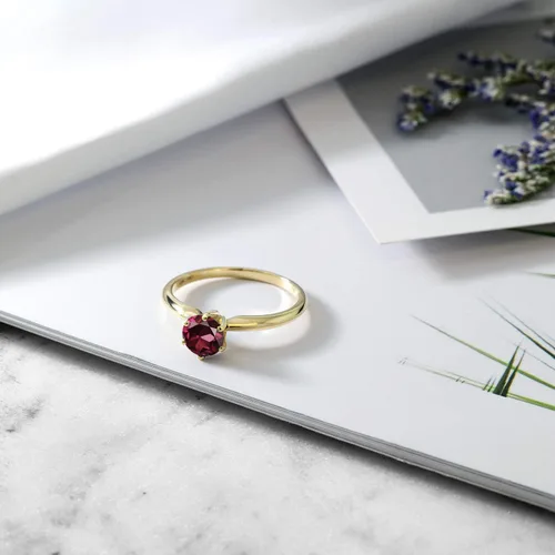 Vista 73 de Anillo de compromiso solitario con piedra preciosa redonda de oro amarillo de 14 quilates de 0.236 in para mujer Ajuste clásico de 6 puntas
