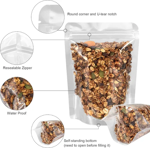 Vista 5 de Blisstime Paquete de 50 bolsas de pie, bolsas autoadhesivas transparentes resellables con muesca de desgarro para embalaje de alimentos