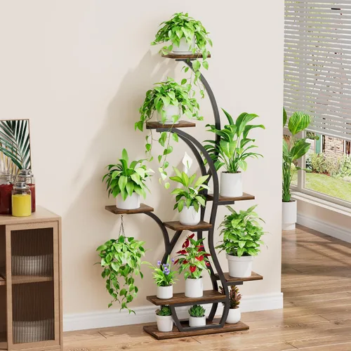 Vista 2 de Soporte para plantas de interior con luces de crecimiento, estante esquinero de 65 pulgadas para interiores, 8 niveles altos iluminados para plantas