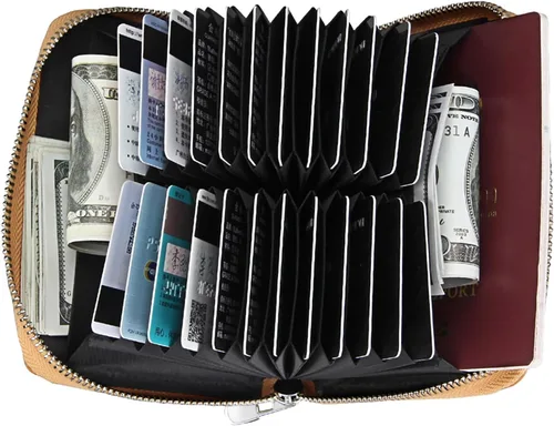 Vista 13 de boshiho Cartera con bloqueo RFID de 24 ranuras para tarjetas de crédito, de piel auténtica, organizador de múltiples tarjetas, con cremallera