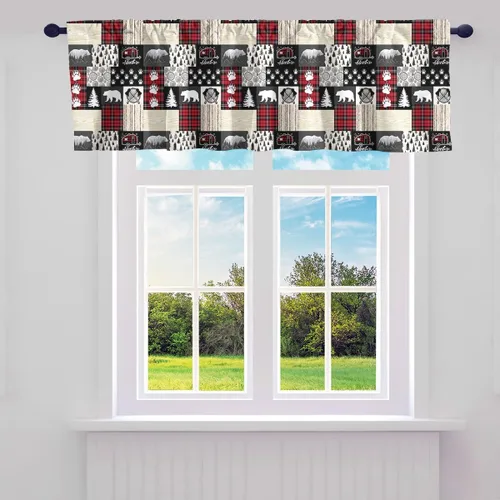 Vista 10 de Cortinas de cenefa de cabaña estilo retro, color negro y rojo, rayas de madera, cenefas de ventana para niños, adolescentes y adultos, oso salvaje