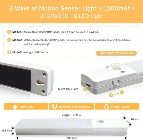 Vista 6 de Luces LED recargables para debajo del gabinete, con sensor de movimiento magnético para interiores, sensor de movimiento, luces inalámbricas